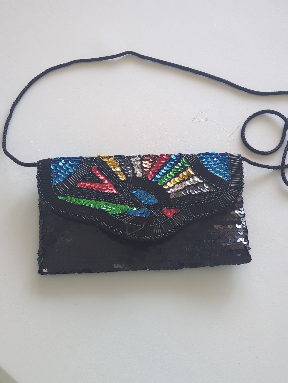 Black Sequin Clutch with Multicolor Beaded Accent